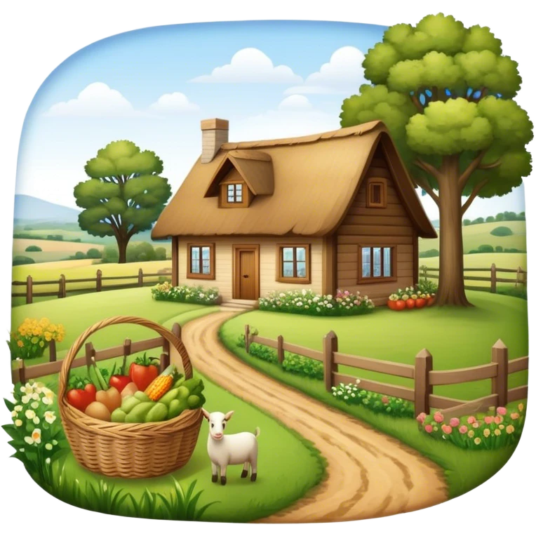 Icon for Rural Tourism: a peaceful countryside scene with a wooden cottage, a dirt path, grazing animals, and a basket of fresh produce. The icon should represent the tranquility and charm of rural life. Transparent background. emoji