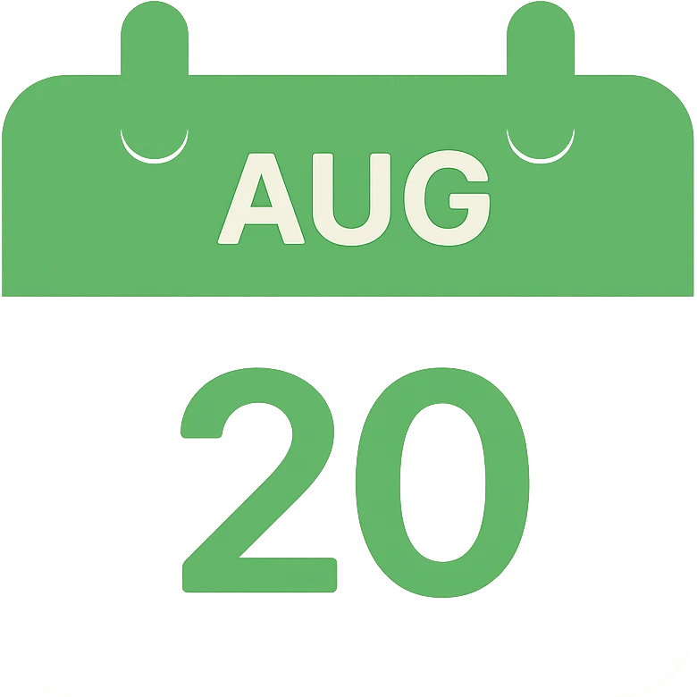 A modern calendar icon with August 20 highlighted in green color, no background, sleek and contemporary design. emoji