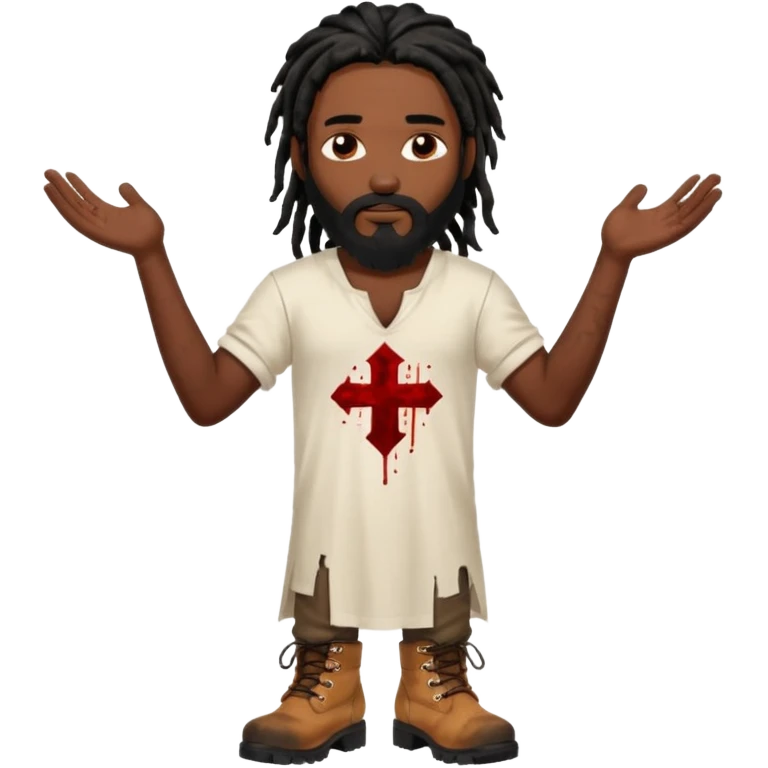 African American man with shoulder length black dreadlocks with black beard wearing a white tunic with blood on it wearing timberland boots with arms folded together emoji