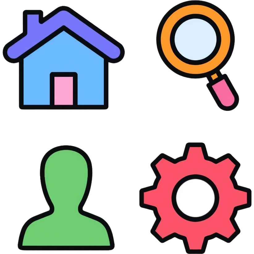 Website icon set with colorful icons: blue home icon, orange magnifying glass search icon, green hamburger menu icon, purple profile/user icon, and red gear settings icon emoji