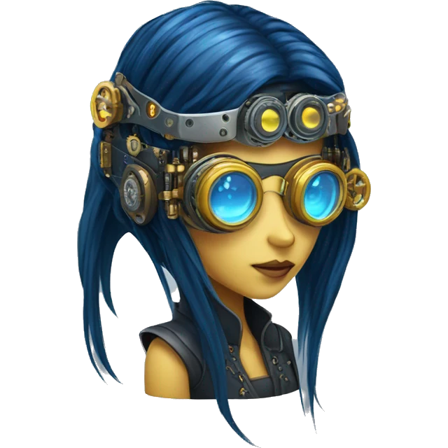 Dark blue long hair female cyborg head with yellow steampunk goggles and circuits emoji