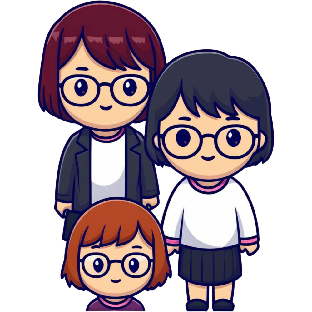 Two korean girls, on the left side she has burgundy short hair and glasses, on the right side girl has long black hair with ginger ends  emoji