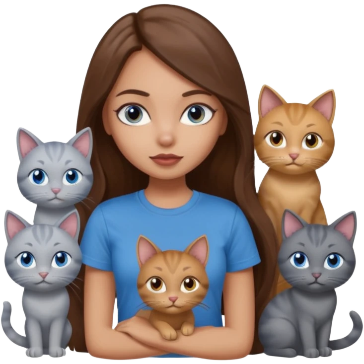 a pretty bratz dusky light skin girl with long brown hair, blue eyes with six cats nd wearing a grey tshirt emoji