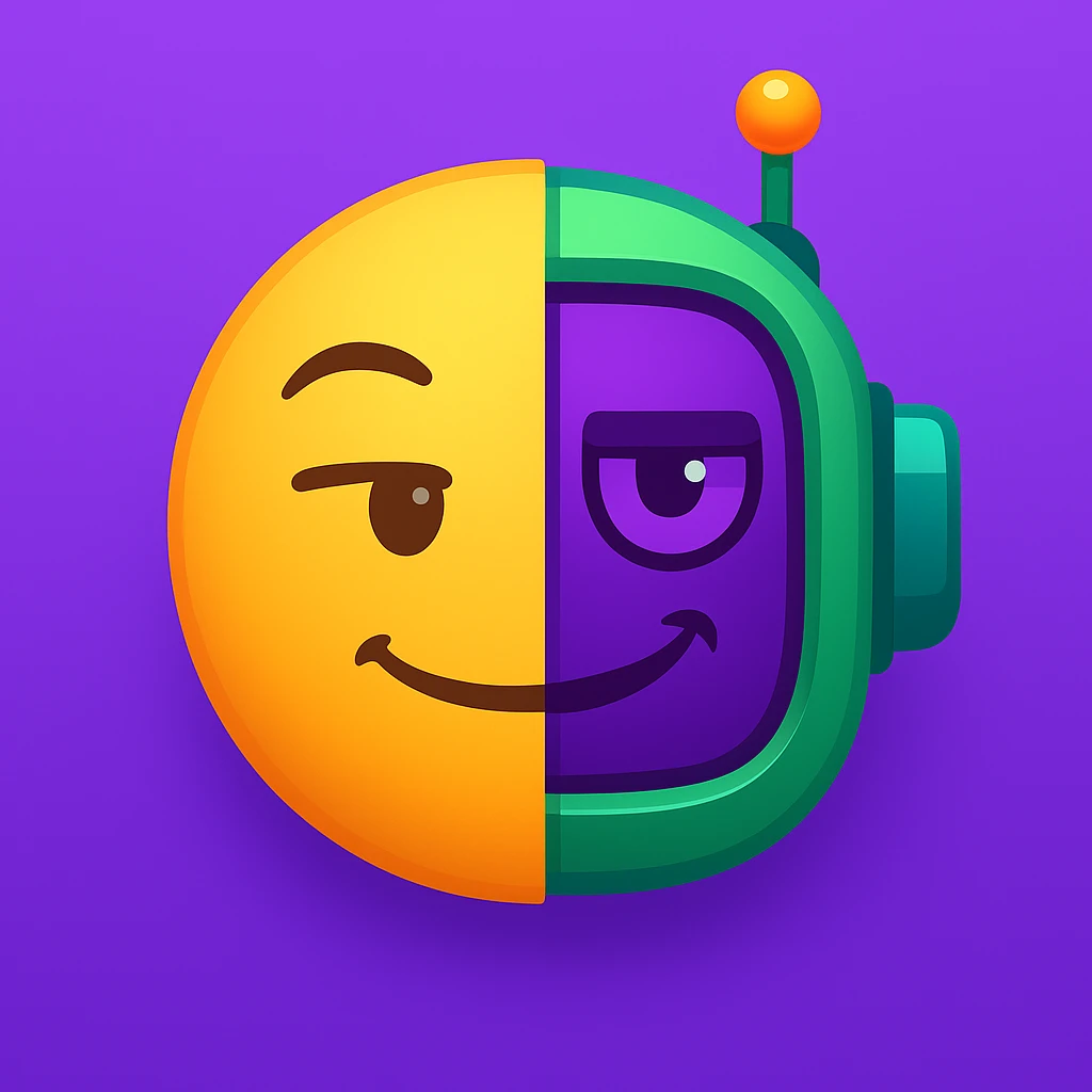 Create a half-emoji, half-robot face with a sarcastic expression, using the purple, green, and orange color scheme from the reference image. The face should look witty and playful, blending emoji and robot features seamlessly. emoji