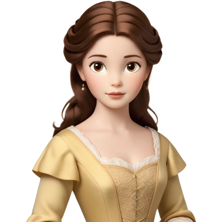 Cinematic Realistic Belle Portrait, depicted with lifelike skin texture, soft natural lighting, and intricately detailed brown hair styled elegantly. Her deep, expressive eyes exude warmth and intelligence, complemented by a serene and graceful expression. She is dressed in her classic attire, with rich fabric textures and delicate folds that catch the light beautifully. The portrait features a soft, enchanting glow with a natural, radiant finish, capturing the essence of timeless beauty in a realistic and painterly style, evoking a sense of depth and authenticity. emoji