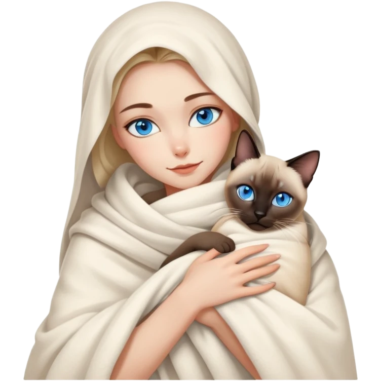 A beautiful and sexy Caucasian girl wrapped in a blanket hugging a Siamese cat emoji