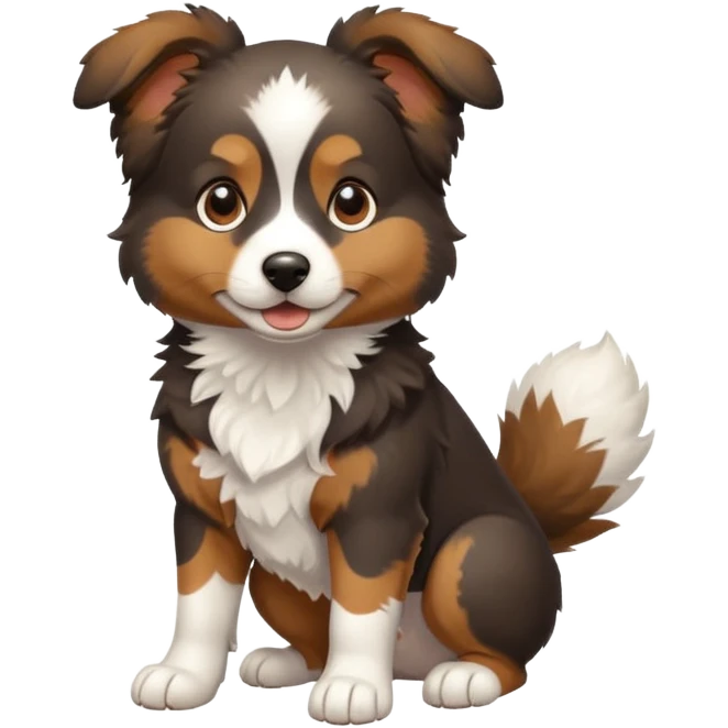 собака породи ауссі триколор з передніми білими  без білої полоски на голові лапками грається emoji