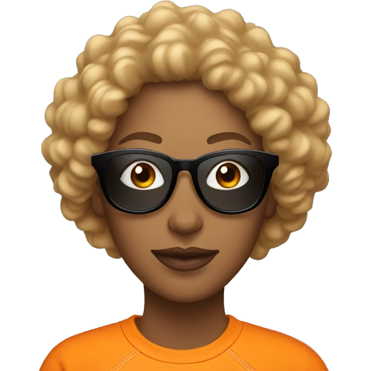 Woman with curly hair wearing orange sweatshirt and sunglasses with one missing lense emoji