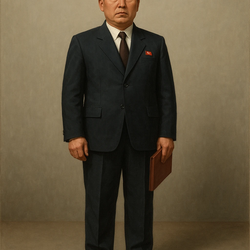 Official portrait of a North Korean man, head of the hull production workshop at a shipyard, serious and formal style, dark suit, neutral background, confident and focused expression, style inspired by Soviet and North Korean official portraits, full body, not cropped, head not cut off, head and feet fully in frame emoji