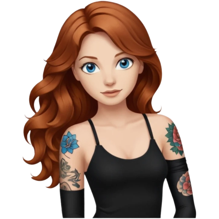 Long wavy Auburn hair woman BLUE eyes wearing black cami and one tattoo sleeve emoji