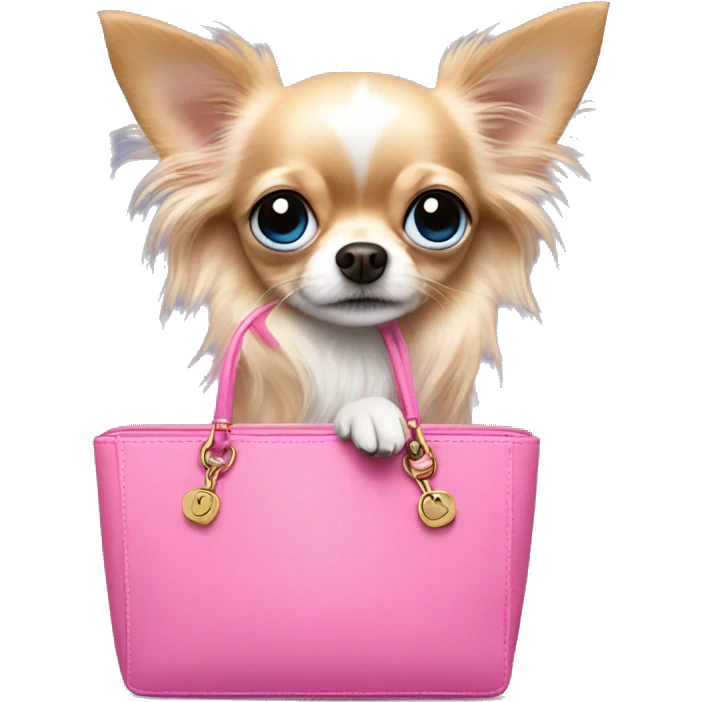 Long haired Chihuahua with blue eyes in a pink handbag  emoji