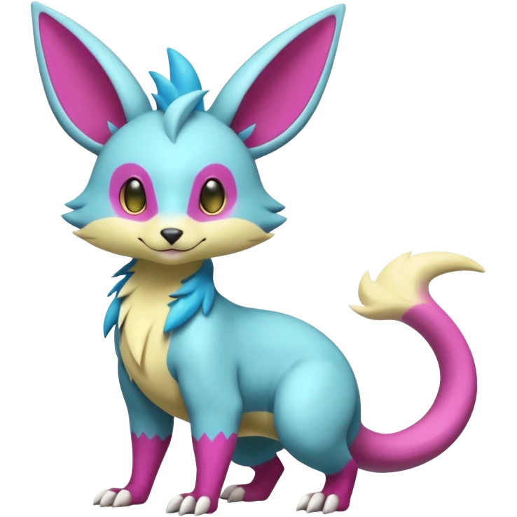 realistic Shiny smooth silky soft Cyan-Yellowish-Magenta Minccino-Zeraora-Emolga-Vernid-Sergal-fusion-hybrid-animal-creature, full body emoji