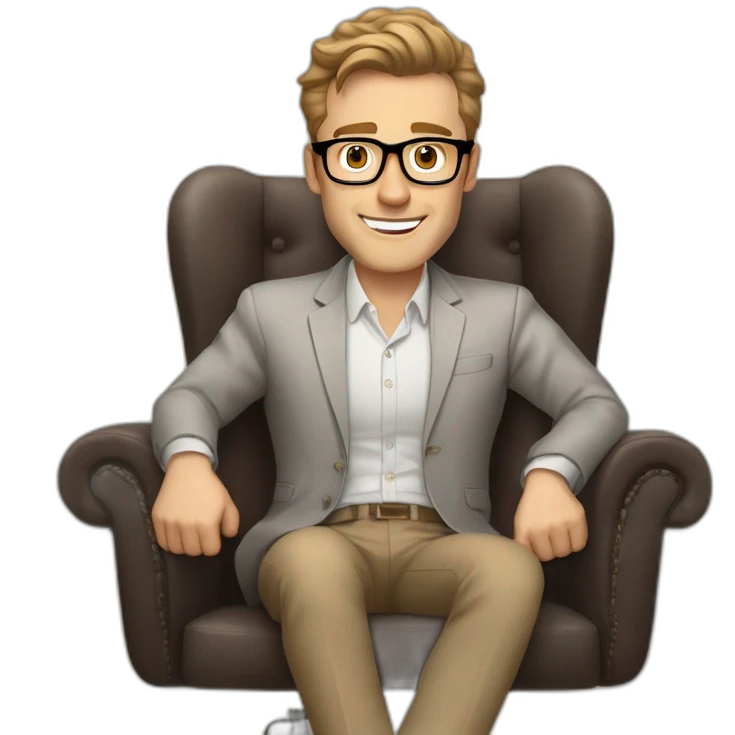 Joyful thrumbs up Pale skinned Fit Man With dark brown hair in gray jacket, beige office shirt, Brown pants and vintage glasses sitting In a soft chair emoji
