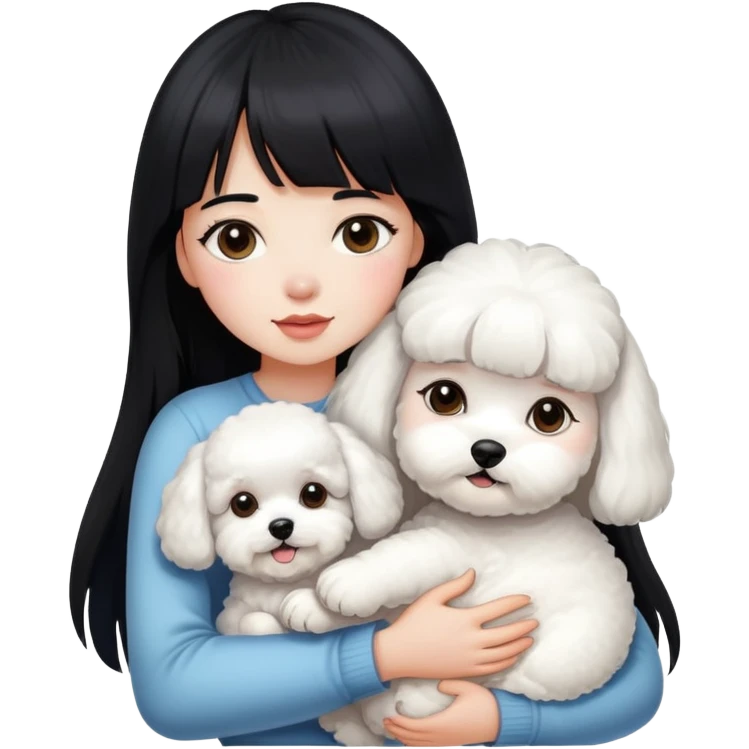 A beautiful girl with long black hair and bangs hugs a little Bichon Frise tightly emoji