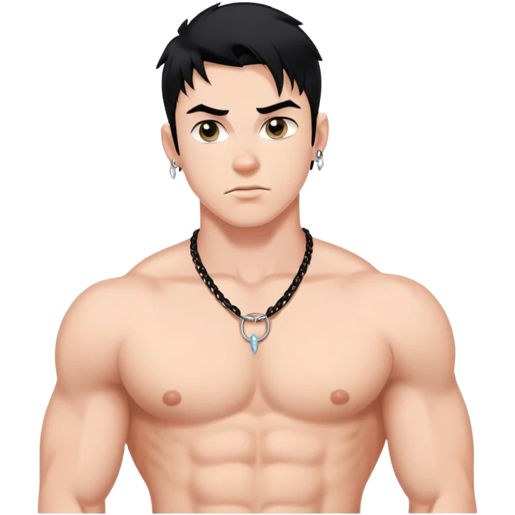 young white man with black hair, muscular, shirtless with prominent nipple piercings, nipple rings emoji