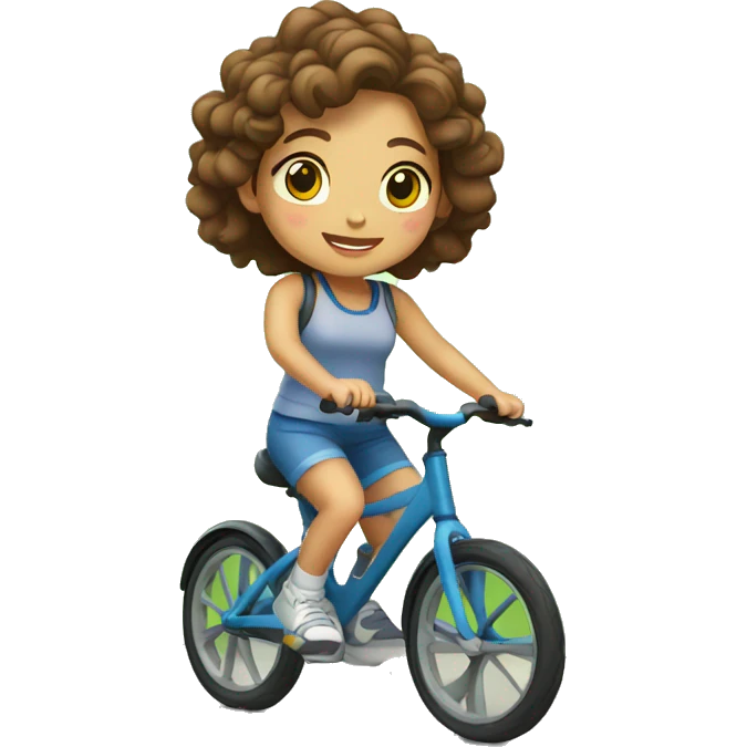 Taiwanese girl with curly brown hair riding bicycle early in the morning with trees in the background emoji