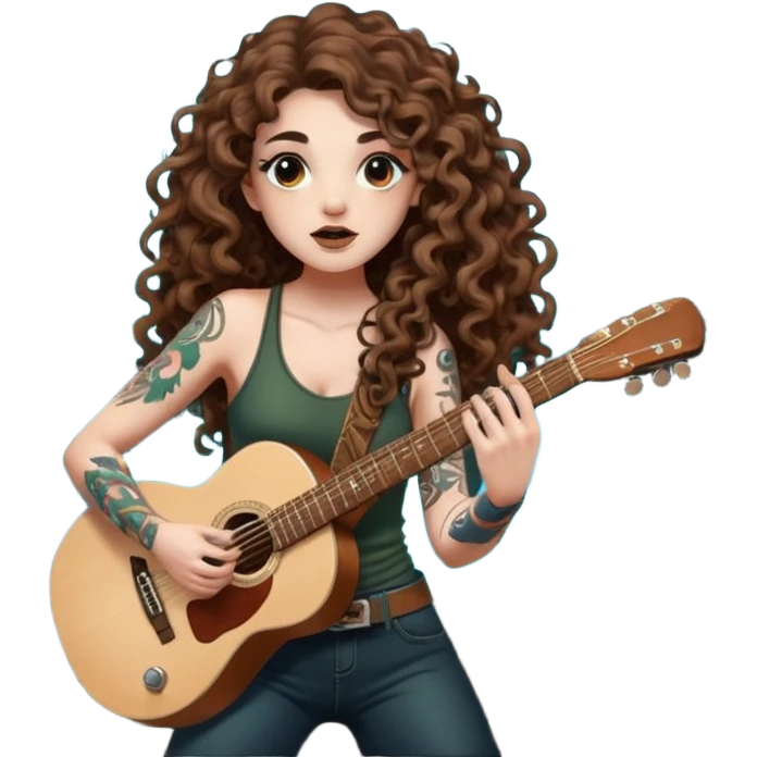 woman with long curly brown hair, brown eyes, white skin, tattoos, blowing glowing forest spores like stage smoke after a guitar solo emoji