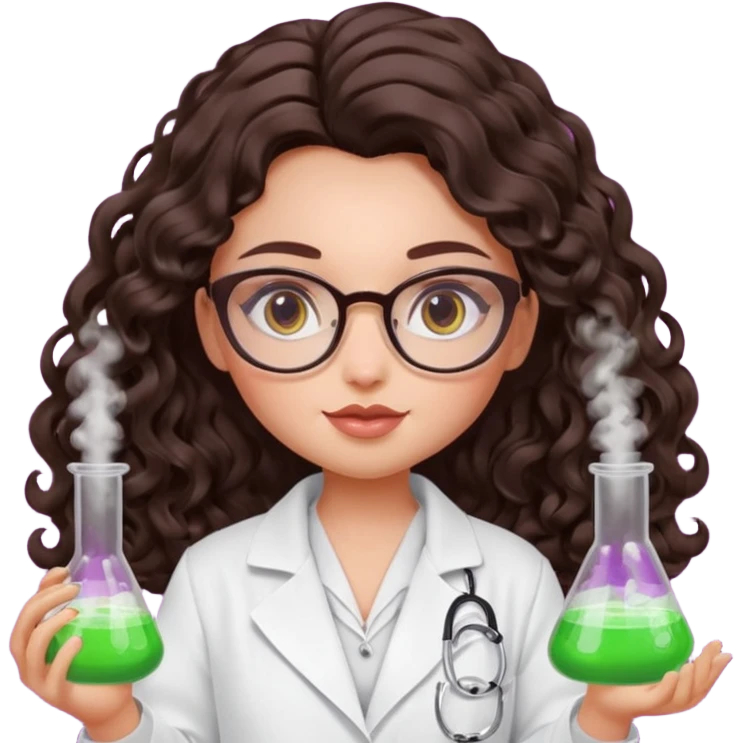realistic bratz doll with long loose curly dark brown hair, glasses that are round cat eye vibes, in a lab coat mixing beakers that glow emoji