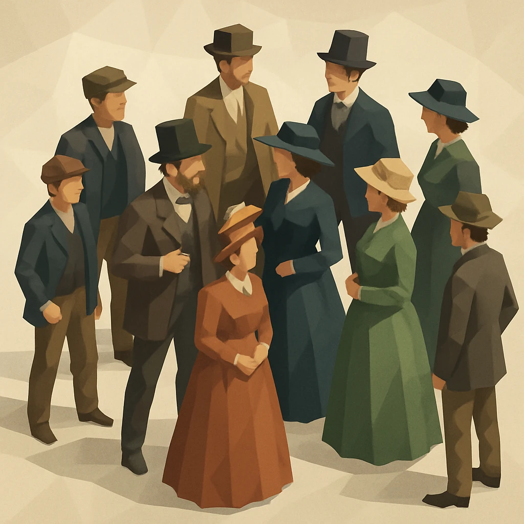 isometric illustration of a group of 19th century people, full body, period-appropriate clothing and hats, standing together, dynamic poses, no text emoji