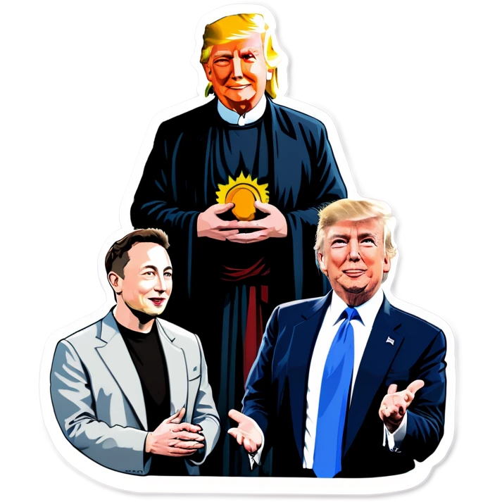 Jesus, Buddha, Elon Musk, Jeff Bezos, and Trump in a meeting emoji