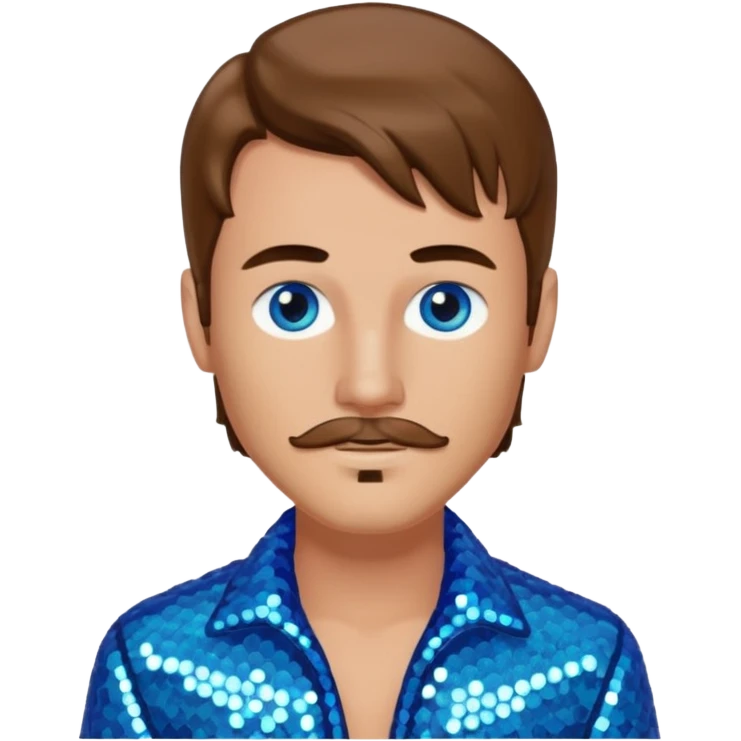 Benson Boone (b.2002), Pop Singer with blue eyes, brown long hair and thin mustache, icy blue sequin outfit emoji