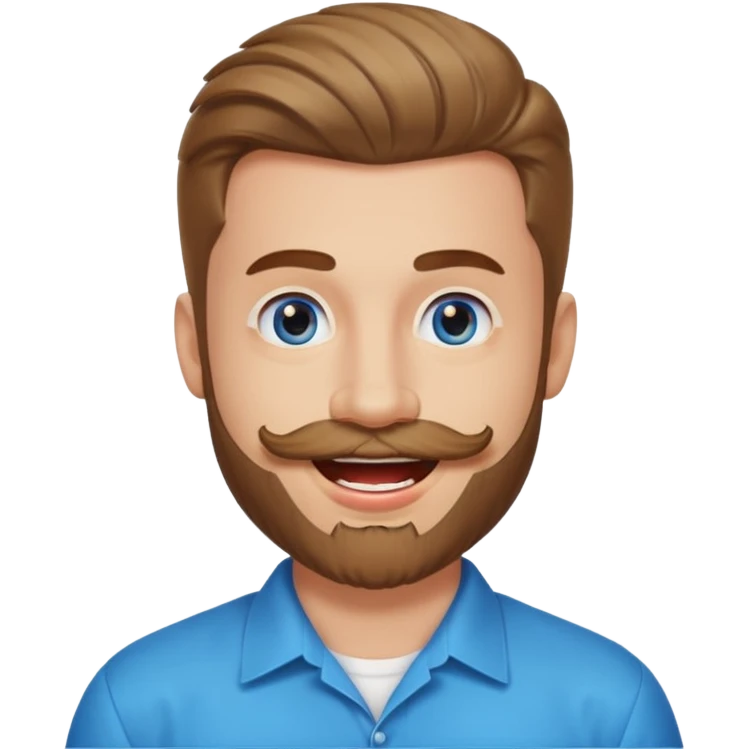 25 year old man, manicured beard, moustache and flavor savor, brown puffy mullet, blue eyes, big smile, white teeth, big lips, pronounced jaw emoji