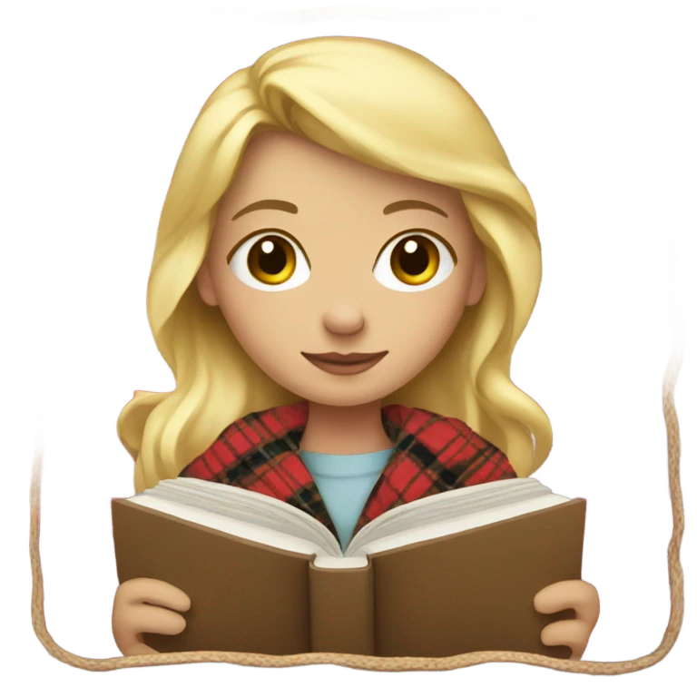 Blonde girl wrapped in plaid blanket holding a book emoji