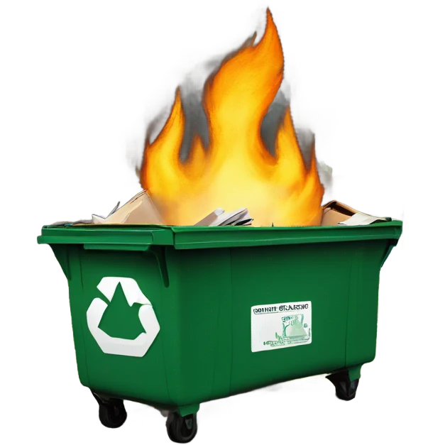 Oregon duck in a dumpster fire with the Ohio state university logo on the dumpster emoji