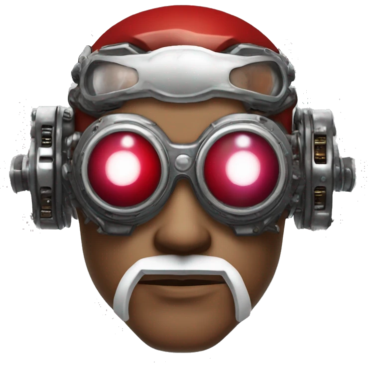 Red skin male cyborg head with white goatee and silver steampunk goggles emoji