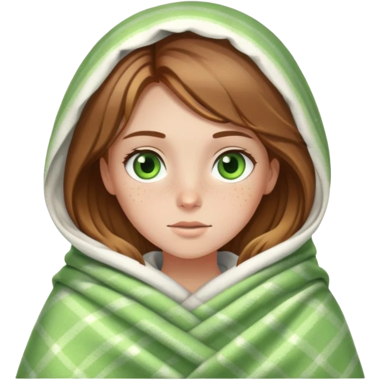 Beautiful white girl with brown hair and blonde highlights with green eyes and freckles wrapped in a blanket emoji
