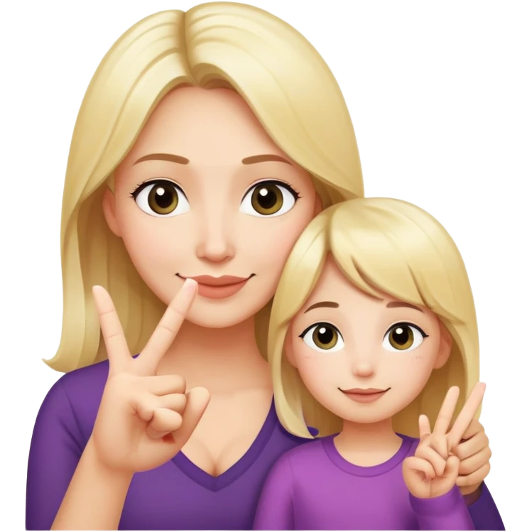 mom and daughter, mom has blonde hair, daughter has dark hair, mom is tired, daughter is joyful and shows the v sign with her fingers emoji