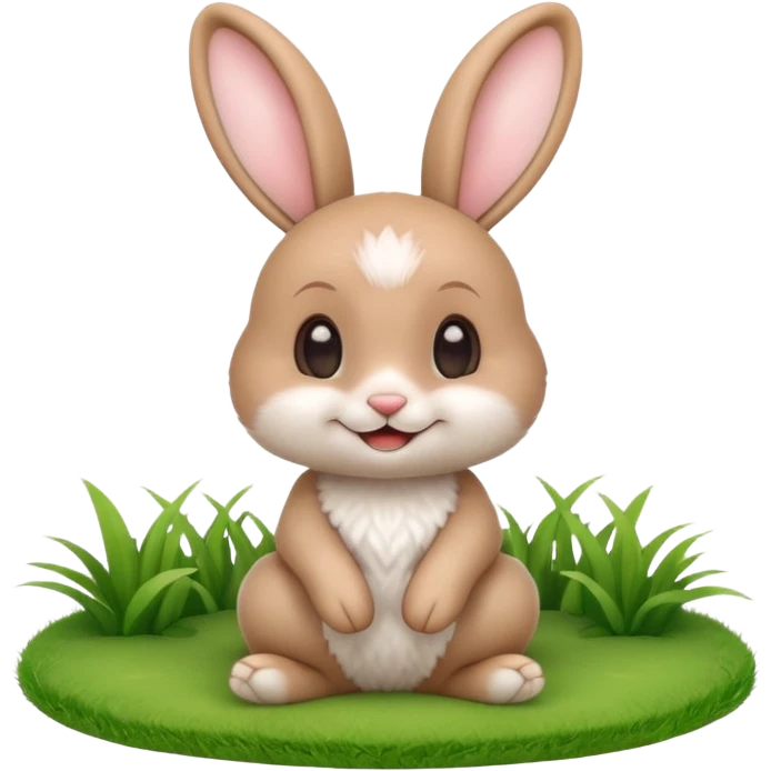 A cute 3D cartoon rabbit sitting on green grass, soft white fur, big ears, round eyes, and a cheerful smile, bright natural lighting, Memoji-style. emoji