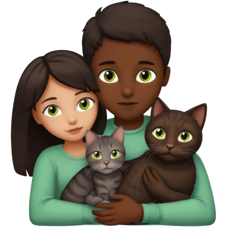 Crea un emoji donde salga un chico moreno con los ojos claros, una chica morena con los ojos marrones y SOLO UN gato europeo comun de pelaje oscuro y ojos verde claro, quiero que se esten abrazando y el gato este en el medio de los dos emoji