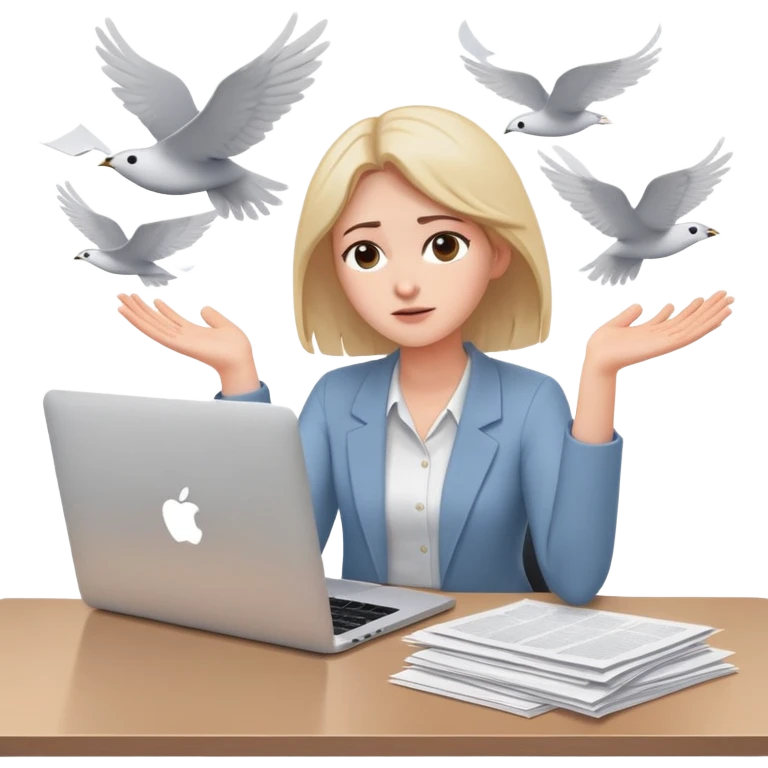 tired woman sitting at a desk with a MacBook, holding her arms out to the side, surrounded by flying papers emoji