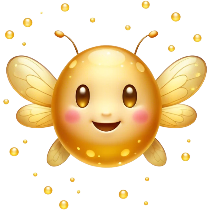 Cinematic tiny glowing firefly, round and chubby, soft golden light, tiny happy face, gentle floating motion, surrounded by dreamy sparkling dots. emoji