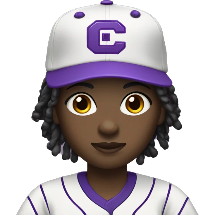 baseball card character. black girl. brow locs. letter C logo. Purple and white uniform.  emoji