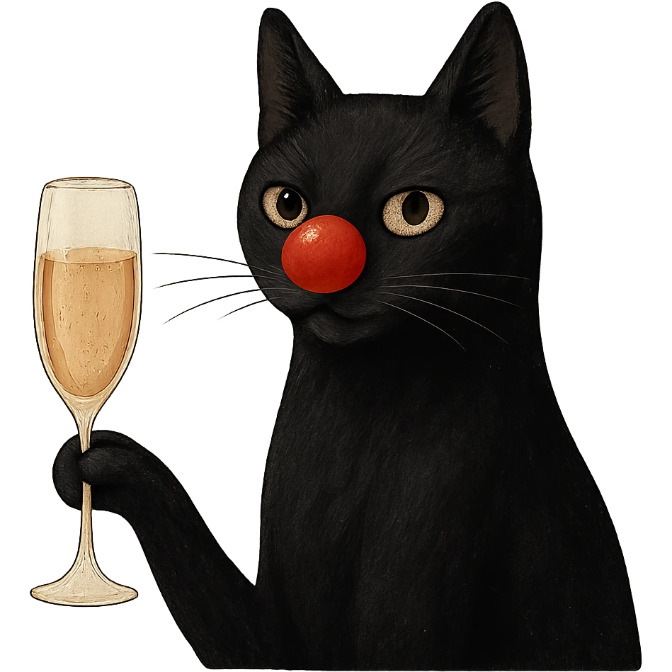 black cat with a red clown nose holding a glass of champagne, elegant and whimsical emoji