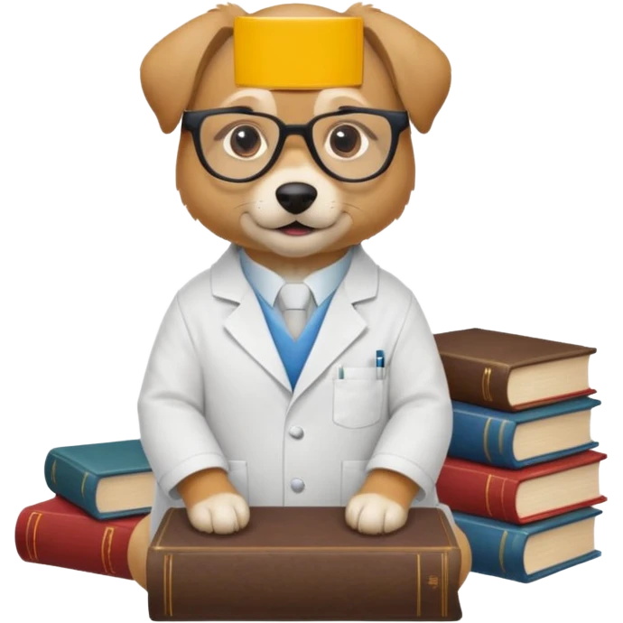 Wise dog with glasses, wearing a lab coat, perched on a stack of books. emoji
