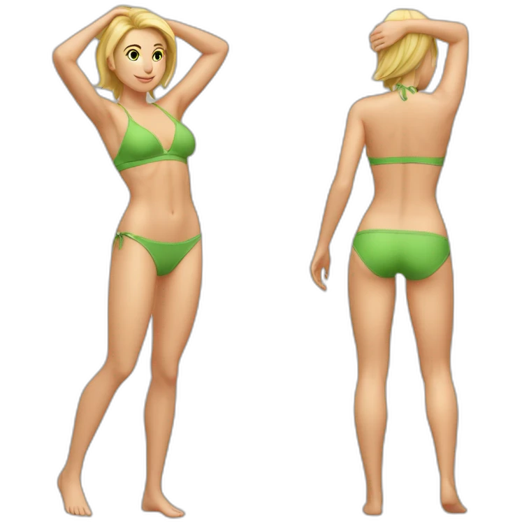 Soft-fit Caucasian woman bikini abs (hands-in-hair pose) (full body) couch emoji