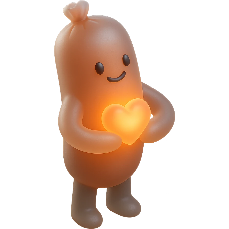a sausage humanoid with a heart pose, glowing with warmth emoji
