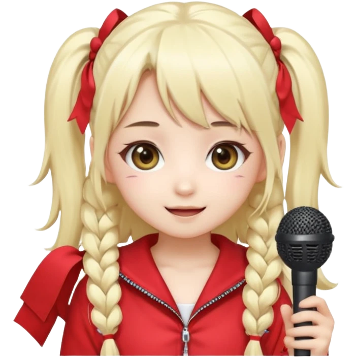 Cute kawaii emoji-style Japanese K-pop singer girl, long platinum blonde hair in twin tails, red outfit, holding a microphone, Japanese K-pop idol vibes, big sparkling eyes, chibi proportions, clean lineart, pastel colors, cheerful idol smile, sticker/emoji style, transparent background emoji