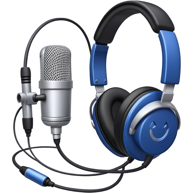 Create a sleek and professional emoji that represents voice acting and dubbing equipment. The design should feature a high-quality microphone, a sound mixer or audio interface, and headphones to symbolize the recording and technical process. Include elements like a soundproof booth or audio cables to reflect the studio environment. Use a modern, clean design with colors like silver, black, and dark blue to represent the professional side of voice acting. The background should be transparent. emoji