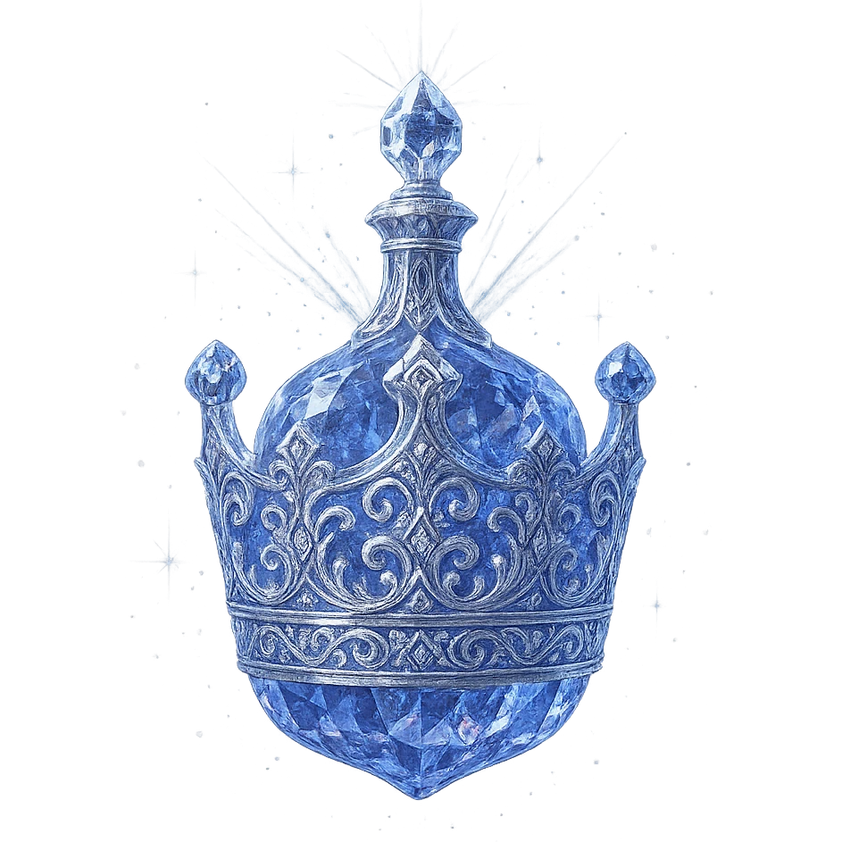 luxurious crystal elixir bottle shaped distinctly like a crown, color #7986cb, ornate multi-layered holographic and silver filigree, intricate crystal texture, magical glowing and sparkling effects, radiant light beams, very small neck, seamless and beautifully rounded closed bottom (not flat or open like a glass), transparent background, bottle clearly floating in air, no base or shadow, not standing, modern, collection style, extremely beautiful and refined, unmistakably crown-like silhouette emoji