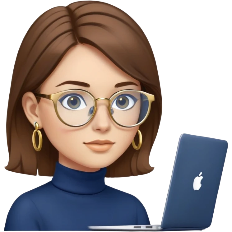 Female programmer with brown hair, navy blue turtleneck, gold hoop earrings, blue computer glasses, using laptop emoji