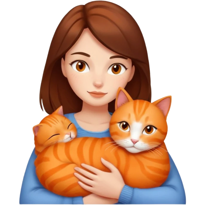 Brunette woman snuggling orange cat emoji