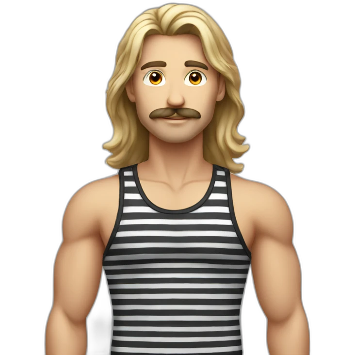 long hair male with moustache and striped black and red tank top emoji