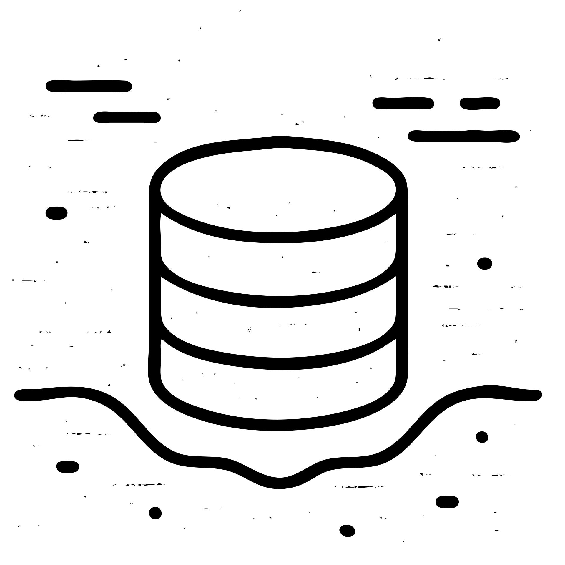 outlined icon of stacked database cylinders in a basement or underground setting with abstract data streams, worn and distressed effect, detailed icon emoji