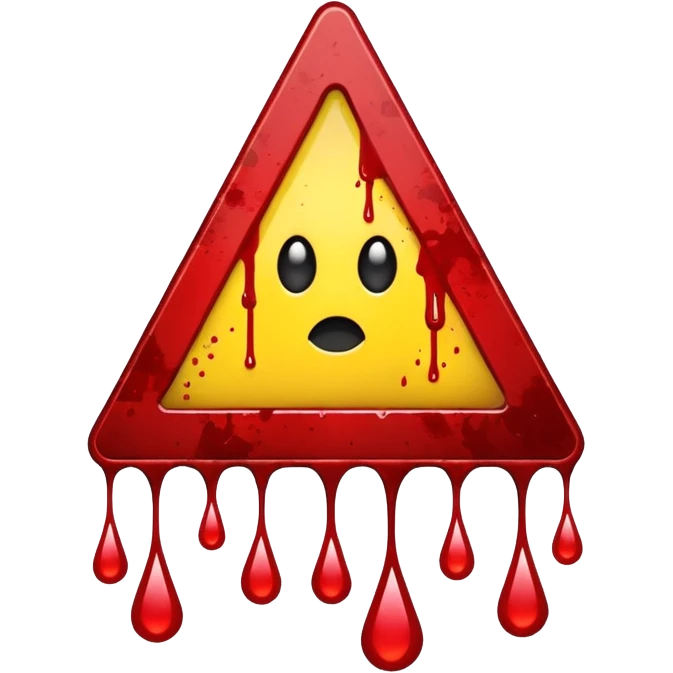 A triangular danger  and a bright yellow background. In the center, a dark red blood splatter spreads outward, with a few drops dripping down the sign. The design gives a wild, intense, and dangerous vibe, as if warning of something violent or hazardous. emoji