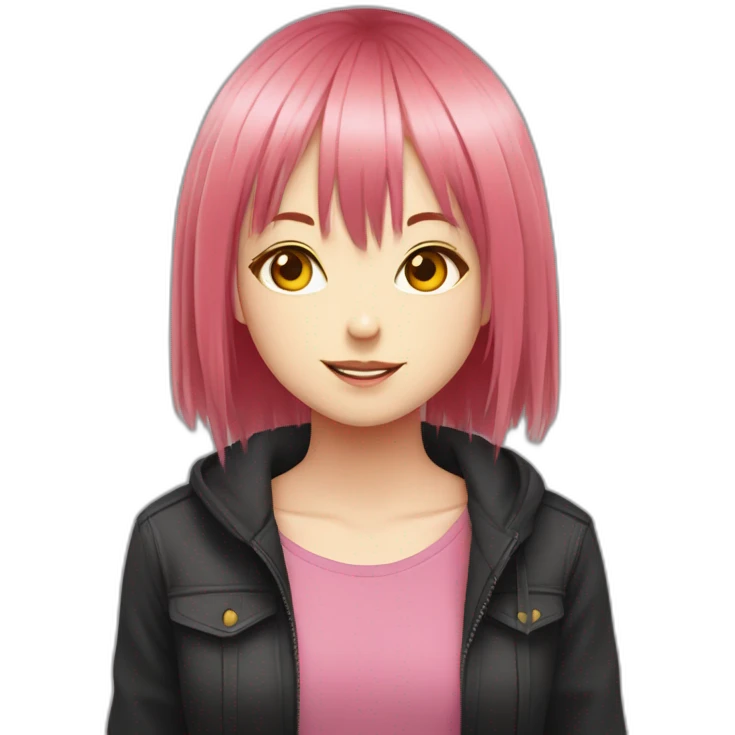 (gril) makima from the manga chainsawman with pink/red hair fringe, yellow eyes with a circle inside and a black shirt emoji
