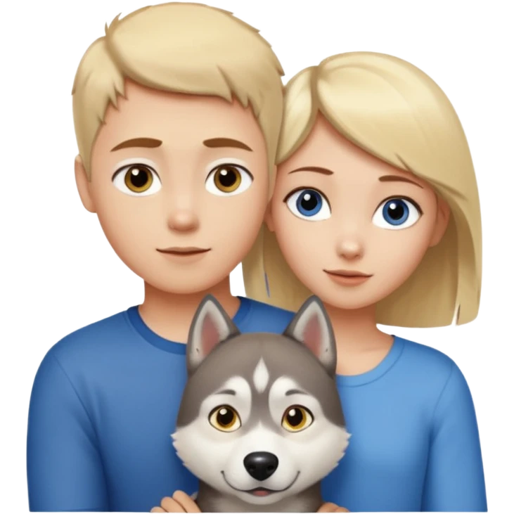 ragazza bionda occhi gialli capelli lisci biondo che abbraccia un husky occhi azzurri e un ragazzo bruno capelli corti e rasati occhi castani emoji